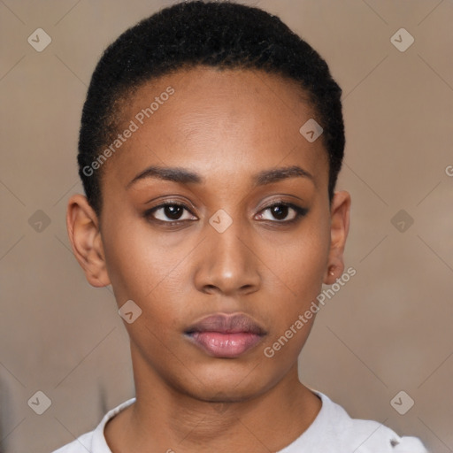 Neutral latino young-adult female with short  black hair and brown eyes