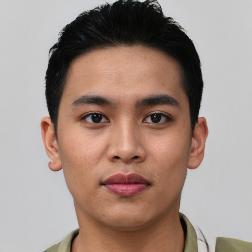 Neutral asian young-adult male with short  black hair and brown eyes