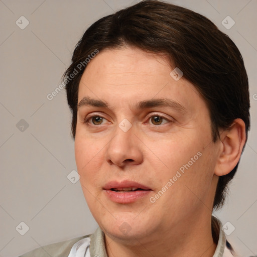 Joyful white adult female with medium  brown hair and brown eyes