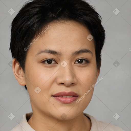 Joyful asian young-adult female with short  brown hair and brown eyes