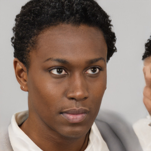 Neutral black young-adult female with short  brown hair and brown eyes