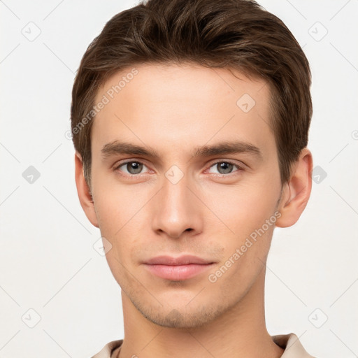 Neutral white young-adult male with short  brown hair and brown eyes