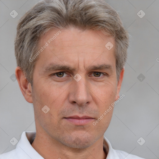 Neutral white adult male with short  brown hair and brown eyes