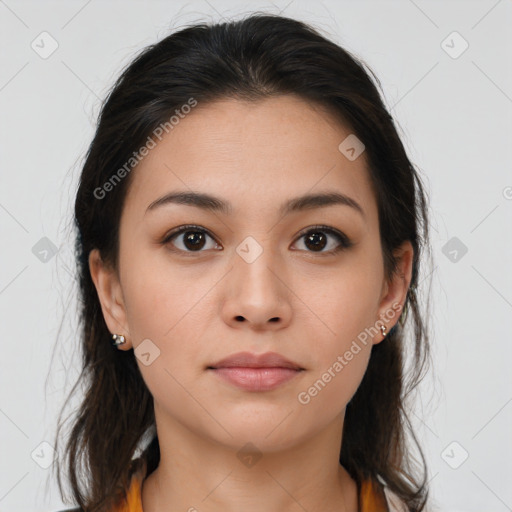 Neutral asian young-adult female with medium  brown hair and brown eyes