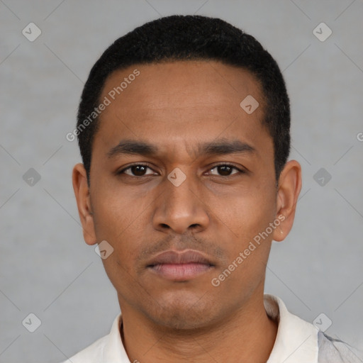 Neutral latino young-adult male with short  black hair and brown eyes