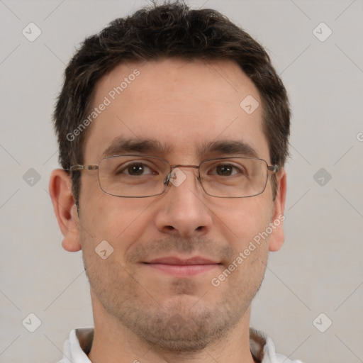 Joyful white adult male with short  brown hair and brown eyes