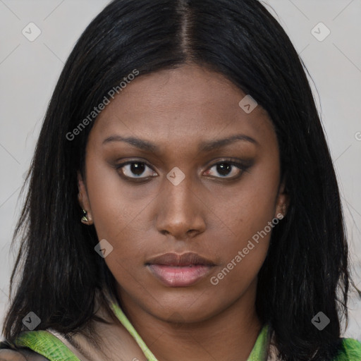 Neutral asian young-adult female with long  brown hair and brown eyes