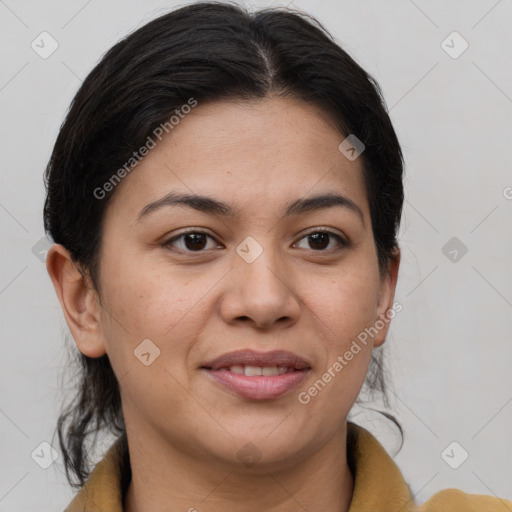 Joyful white young-adult female with medium  brown hair and brown eyes