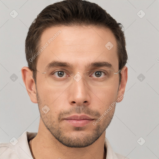 Neutral white young-adult male with short  brown hair and brown eyes