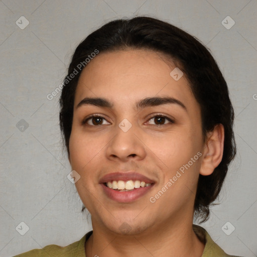 Joyful white young-adult female with medium  black hair and brown eyes