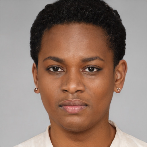 Neutral black young-adult female with short  black hair and brown eyes