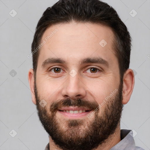 Neutral white young-adult male with short  brown hair and brown eyes