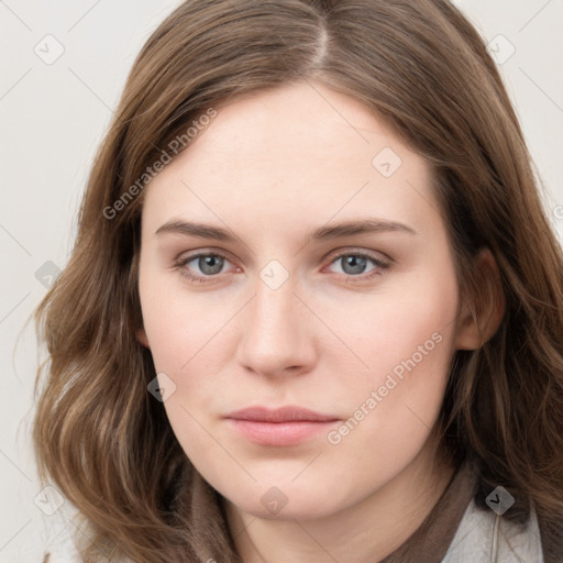 Neutral white young-adult female with long  brown hair and grey eyes