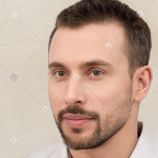 Neutral white young-adult male with short  brown hair and brown eyes