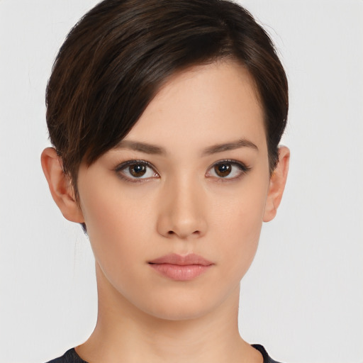 Neutral white young-adult female with short  brown hair and brown eyes