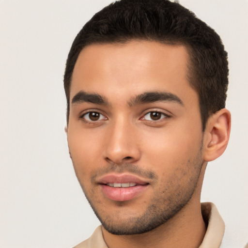 Neutral latino young-adult male with short  black hair and brown eyes