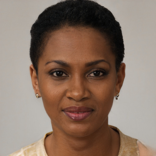 Joyful black young-adult female with short  brown hair and brown eyes