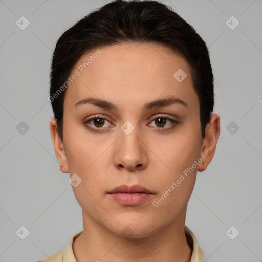 Neutral white young-adult female with short  brown hair and brown eyes