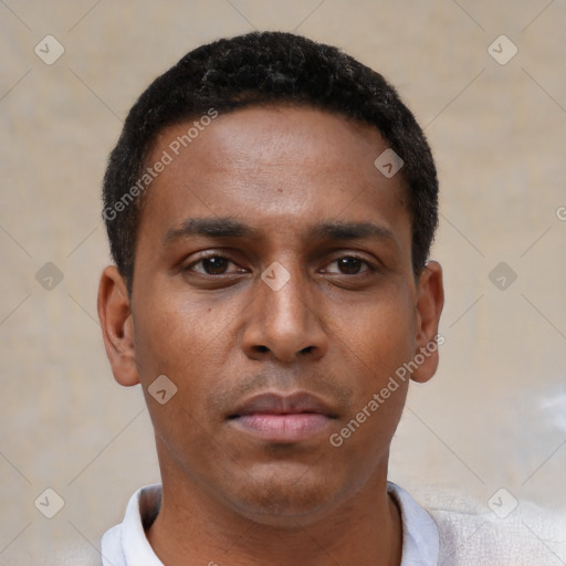 Neutral latino young-adult male with short  black hair and brown eyes