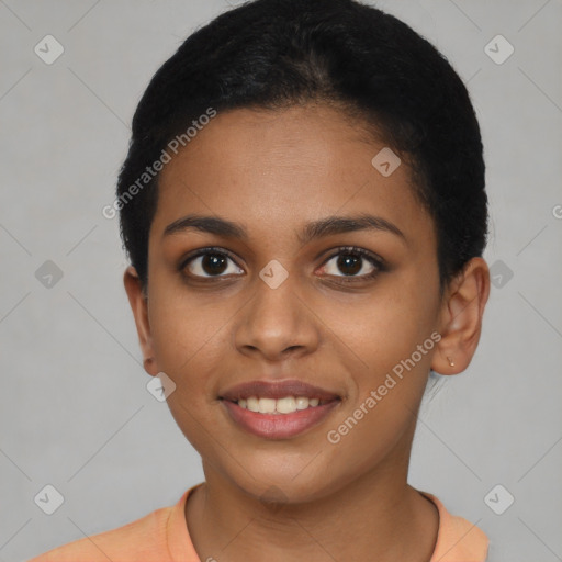 Joyful latino young-adult female with short  brown hair and brown eyes