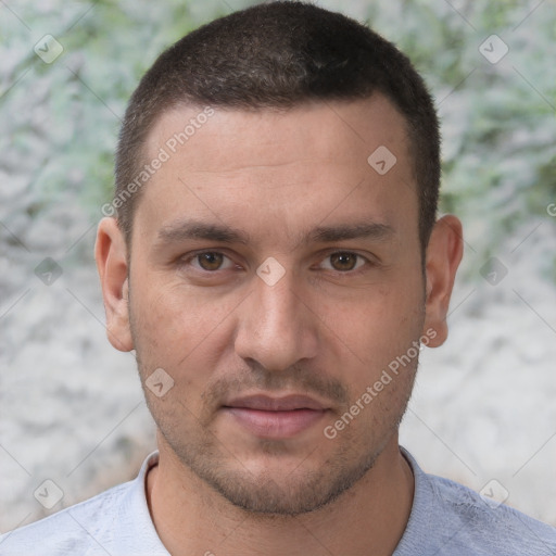 Joyful white young-adult male with short  brown hair and brown eyes