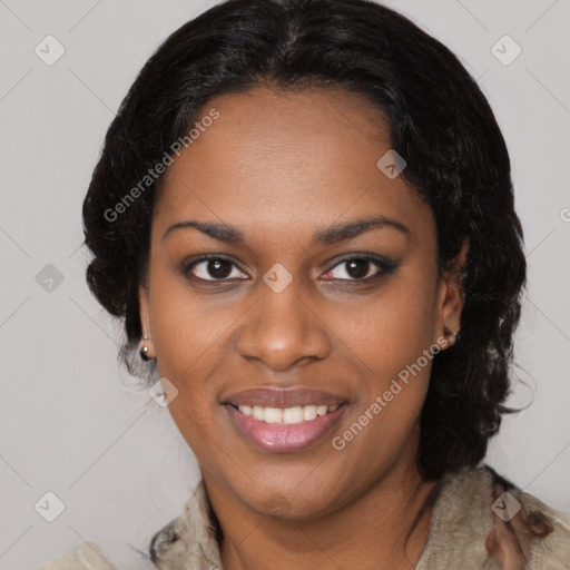 Joyful black young-adult female with medium  brown hair and brown eyes