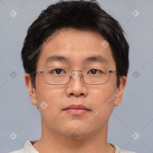 Neutral asian adult male with short  brown hair and brown eyes