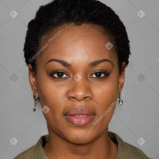 Joyful black young-adult female with short  black hair and brown eyes