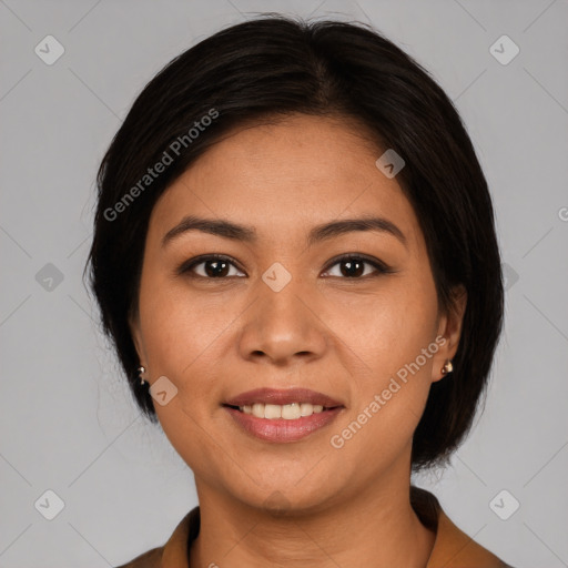 Joyful white young-adult female with medium  black hair and brown eyes