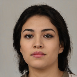 Neutral asian young-adult female with medium  brown hair and brown eyes