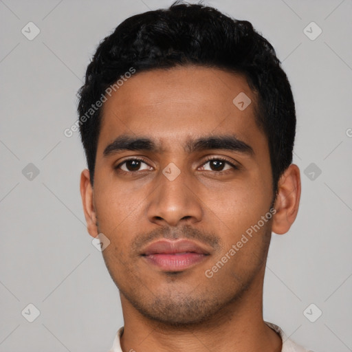 Neutral latino young-adult male with short  black hair and brown eyes