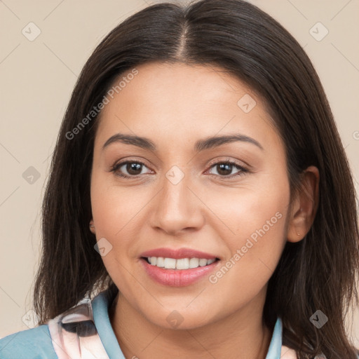 Joyful white young-adult female with long  brown hair and brown eyes