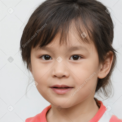 Joyful white child female with medium  brown hair and brown eyes