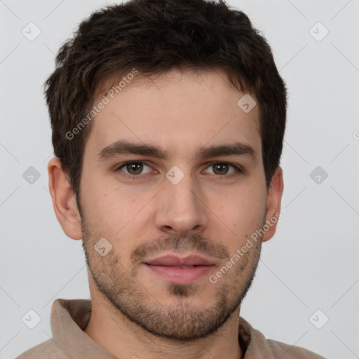 Neutral white young-adult male with short  brown hair and brown eyes