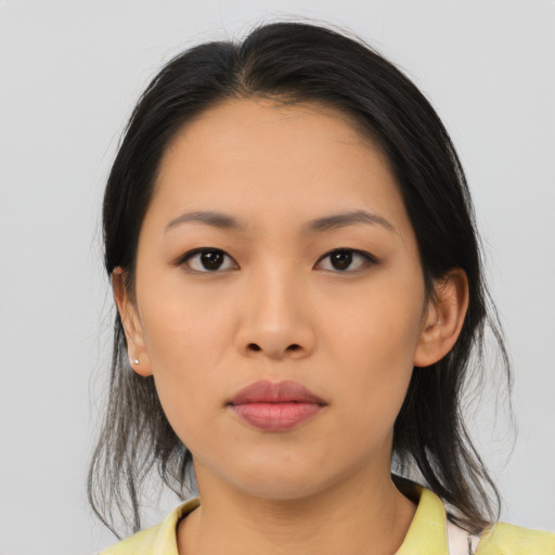 Neutral asian young-adult female with medium  black hair and brown eyes