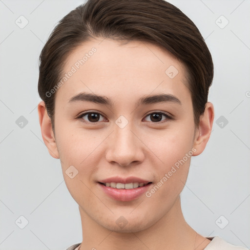 Joyful white young-adult female with short  brown hair and brown eyes