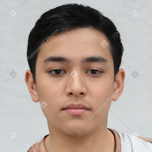 Neutral asian young-adult male with short  black hair and brown eyes