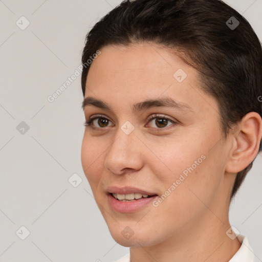 Joyful white young-adult female with short  brown hair and brown eyes