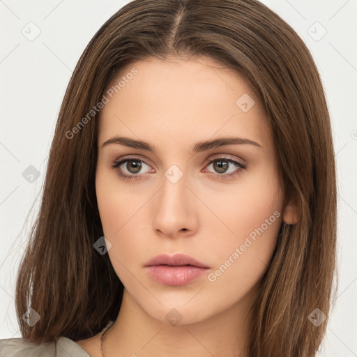 Neutral white young-adult female with long  brown hair and brown eyes