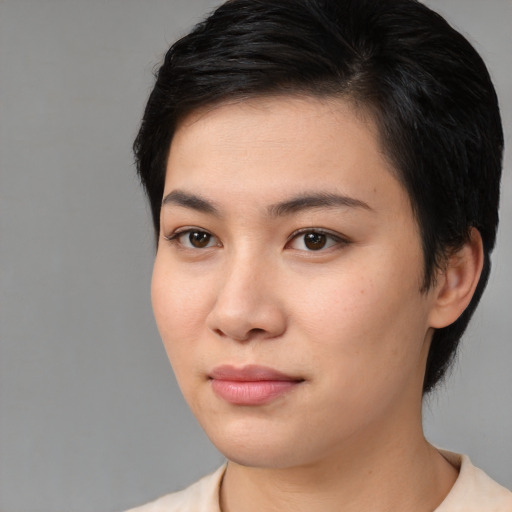 Neutral asian young-adult female with short  brown hair and brown eyes
