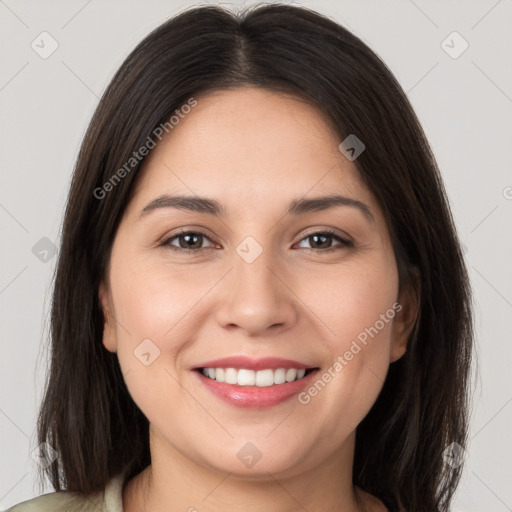 Joyful white young-adult female with long  brown hair and brown eyes