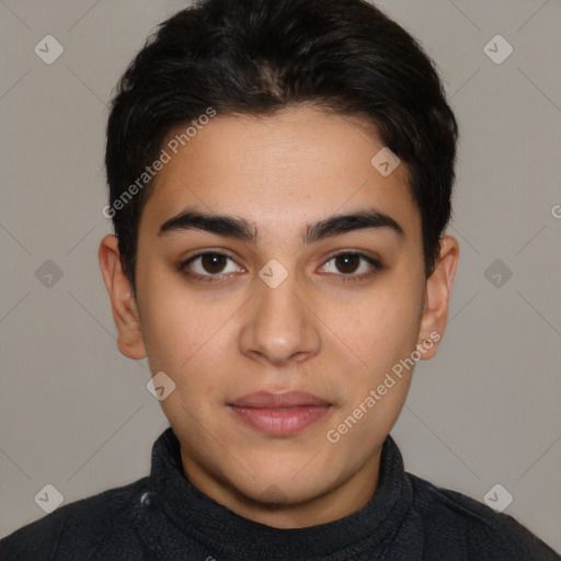 Neutral latino young-adult male with short  black hair and brown eyes