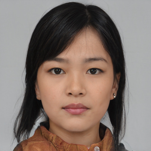 Neutral asian young-adult female with medium  black hair and brown eyes