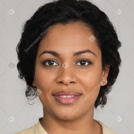 Joyful latino young-adult female with medium  black hair and brown eyes