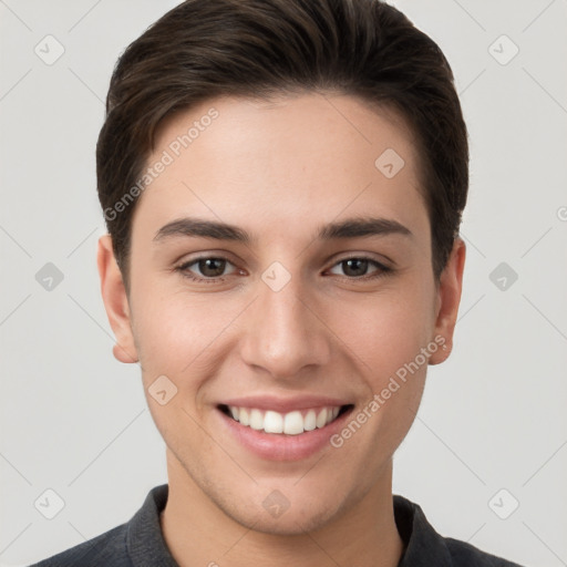 Joyful white young-adult female with short  brown hair and brown eyes