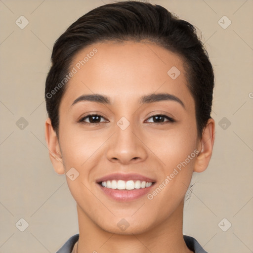 Joyful white young-adult female with short  brown hair and brown eyes