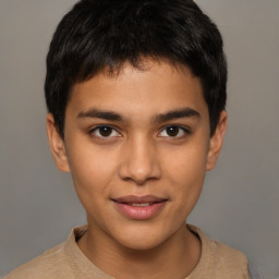 Joyful latino young-adult male with short  brown hair and brown eyes