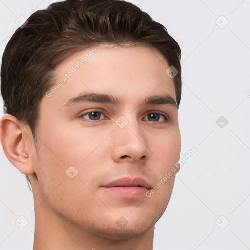 Neutral white young-adult male with short  brown hair and brown eyes