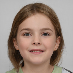 Joyful white child female with medium  brown hair and brown eyes