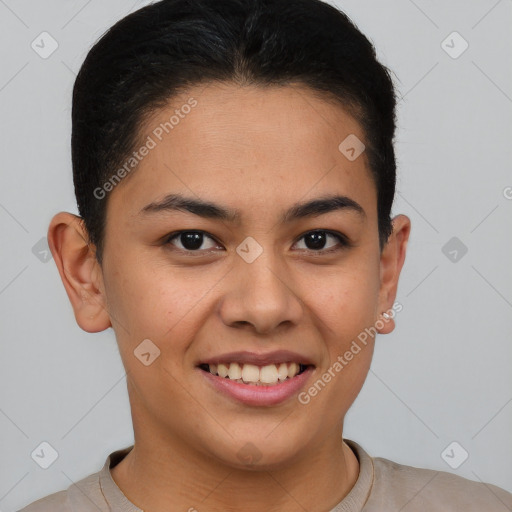 Joyful asian young-adult female with short  brown hair and brown eyes